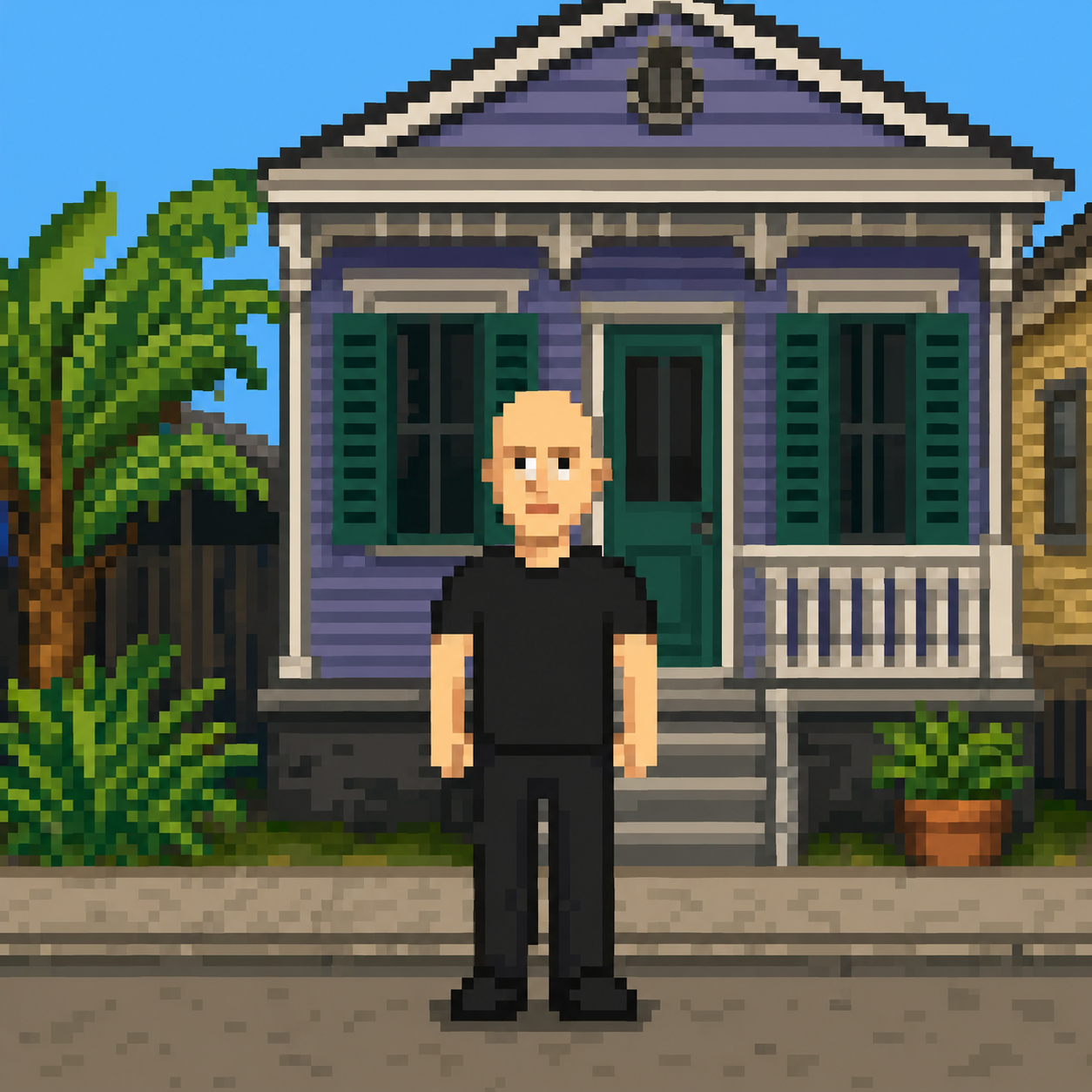 Brian outside his purple shotgun house